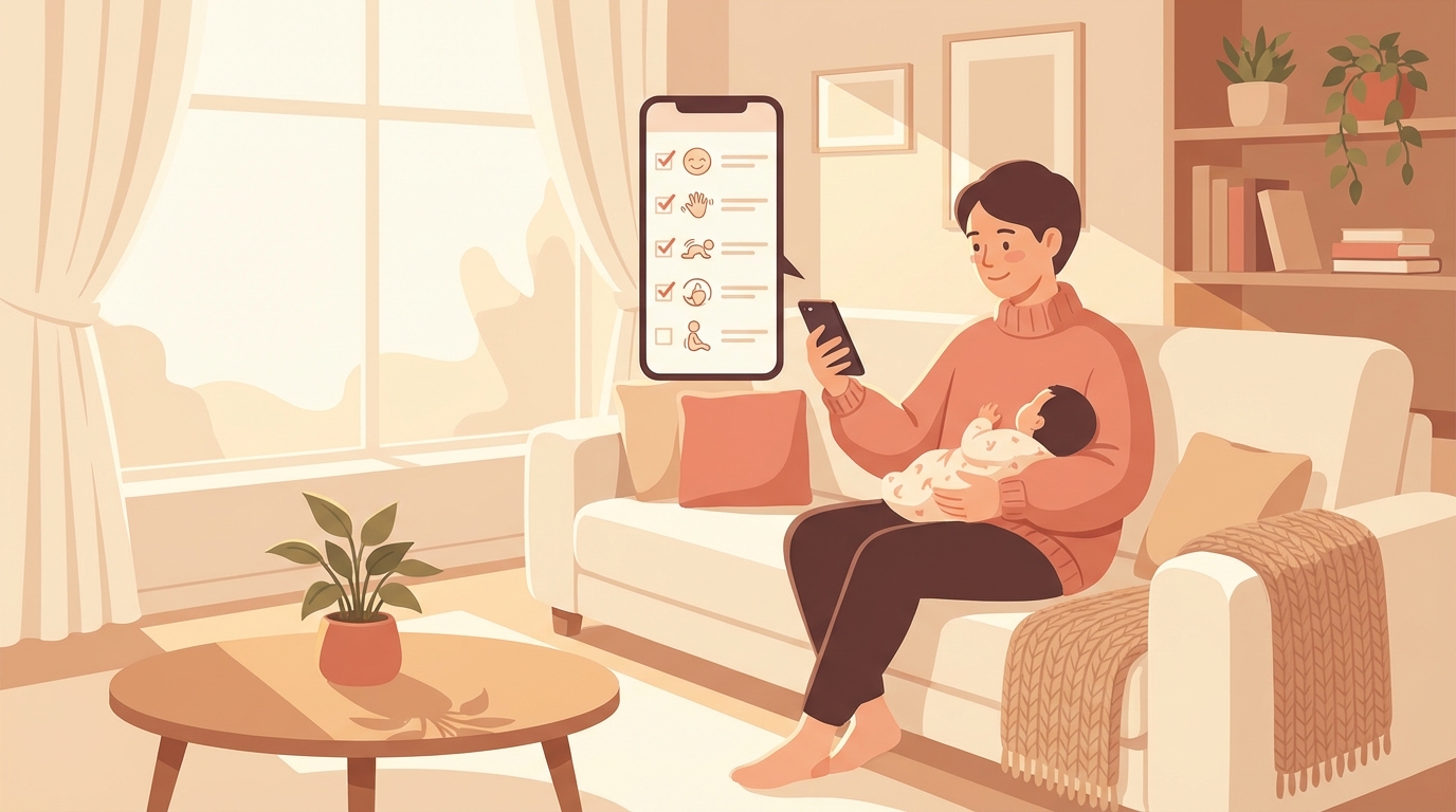 A parent holding a baby while checking a milestone tracking app on their phone