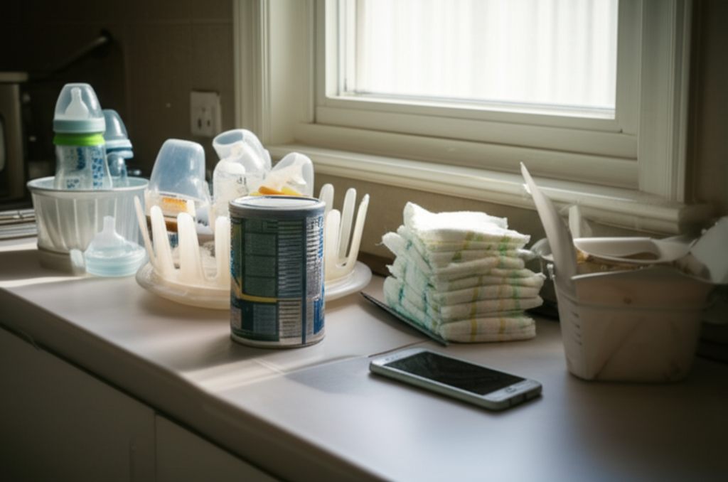 A cluttered kitchen counter with baby bottles, formula, a stack of diapers, and a phone showing a budgeting app