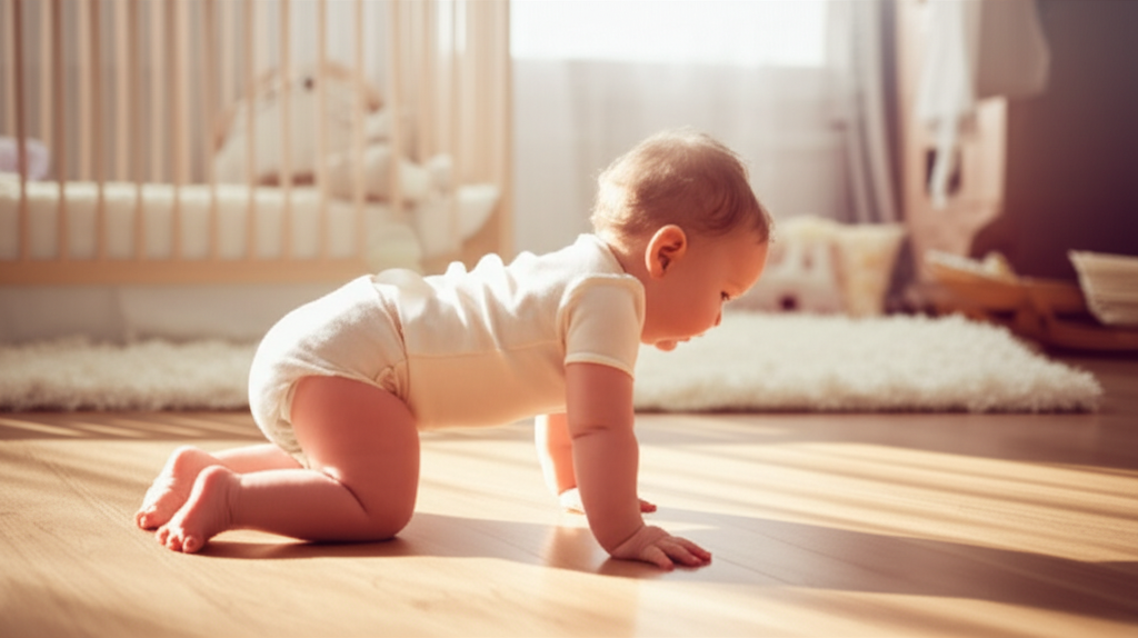 Baby on hardwood floor in a bear crawl position with hands and feet on the ground