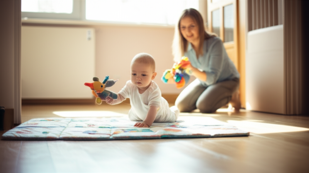Parent kneeling on the floor holding a toy out to encourage baby to crawl toward them