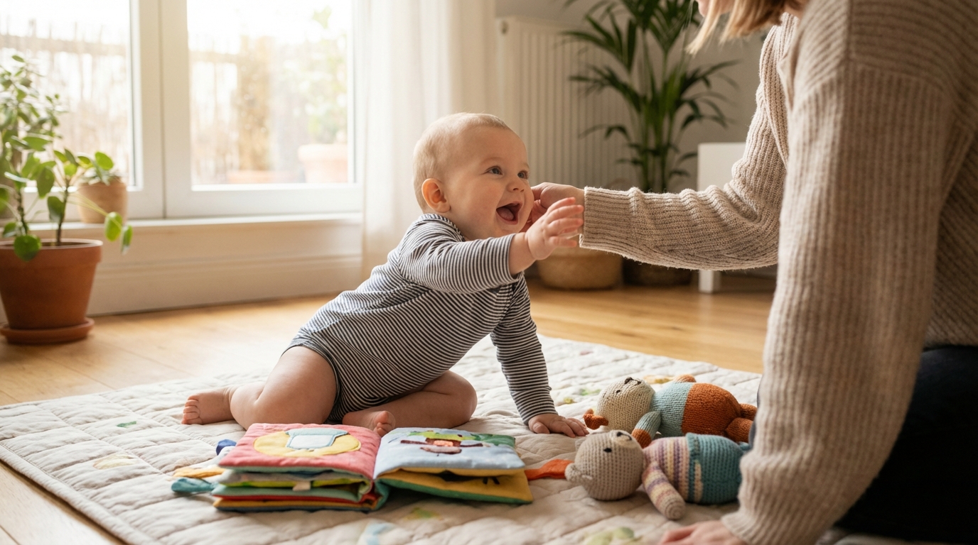 Baby reaching toward parent while babbling