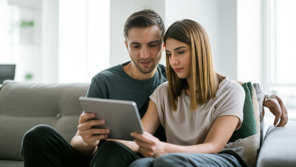 A couple sitting together looking at a tablet, with a list of baby names visible on screen