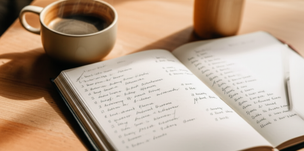 A notebook with handwritten baby names, some crossed out, with a pen and a mug of coffee