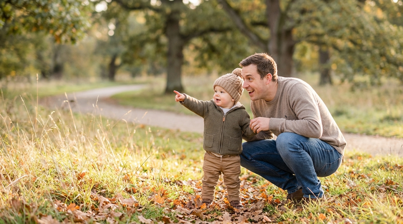 Toddler pointing at something while parent listens