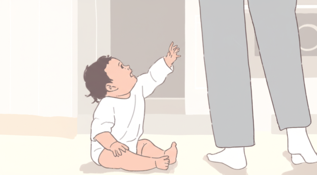 A baby sitting on a kitchen floor reaching toward a parent's legs