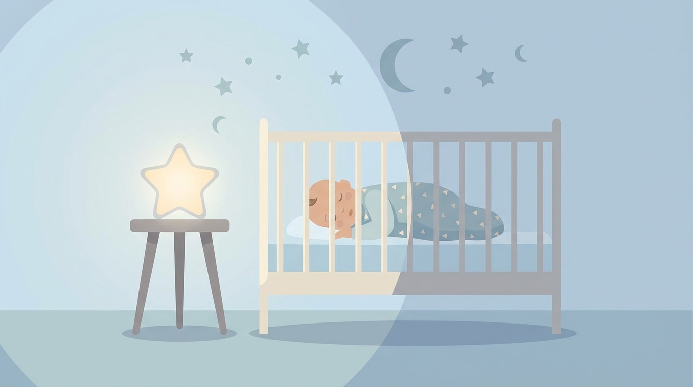 A sleeping baby in a crib wearing a sleep sack, with a soft star-shaped nightlight glowing nearby