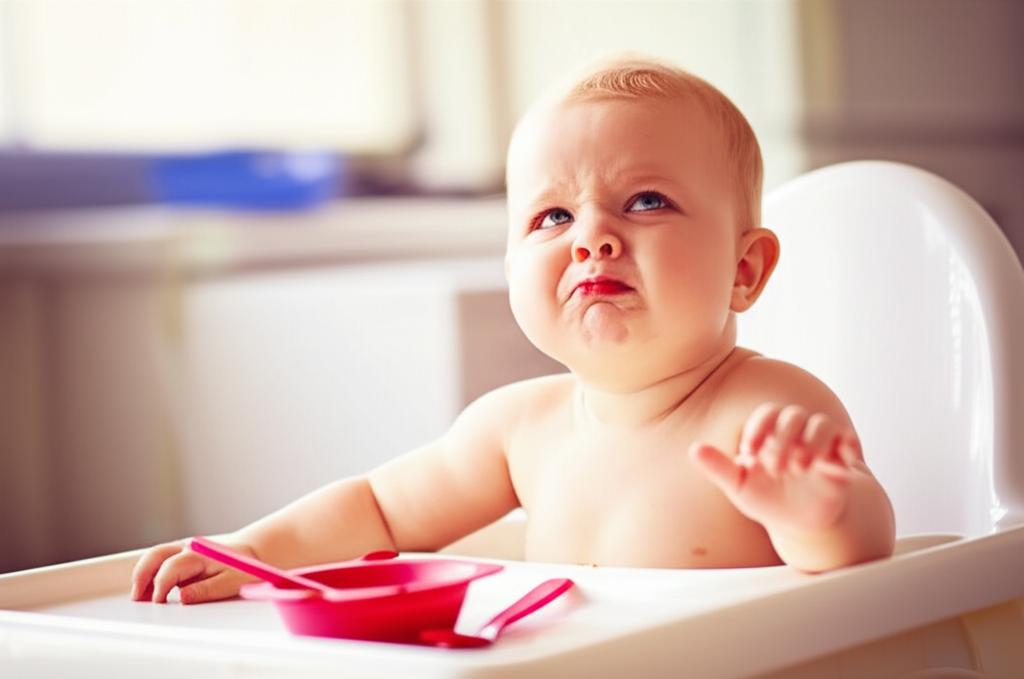 A baby in a high chair making a funny face while trying food for the first time