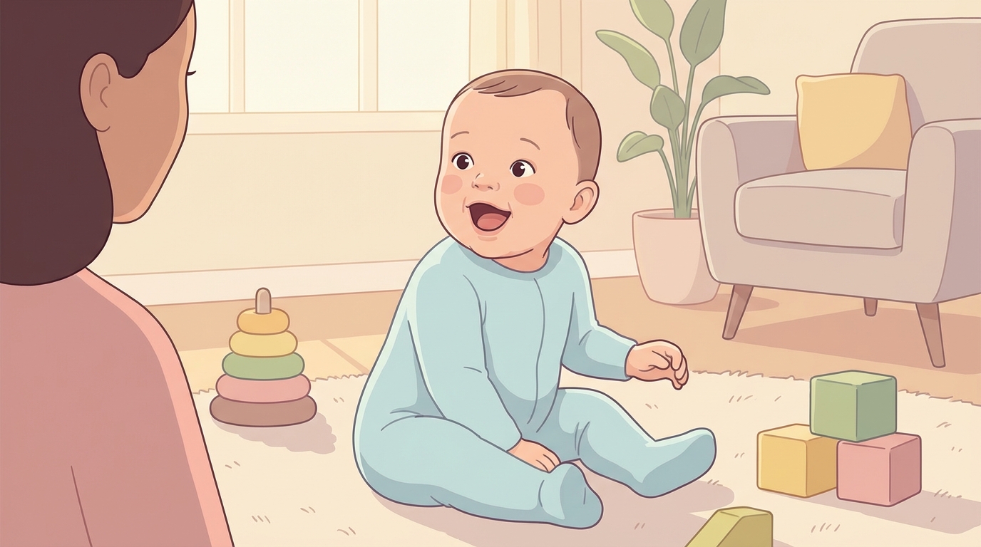 A baby looking up with a delighted expression as a parent says their name