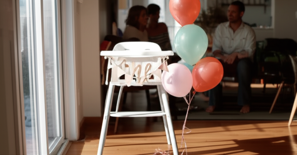 A small first birthday party setup in a backyard with simple decorations, a high chair with a small cake, and a few family members gathered around