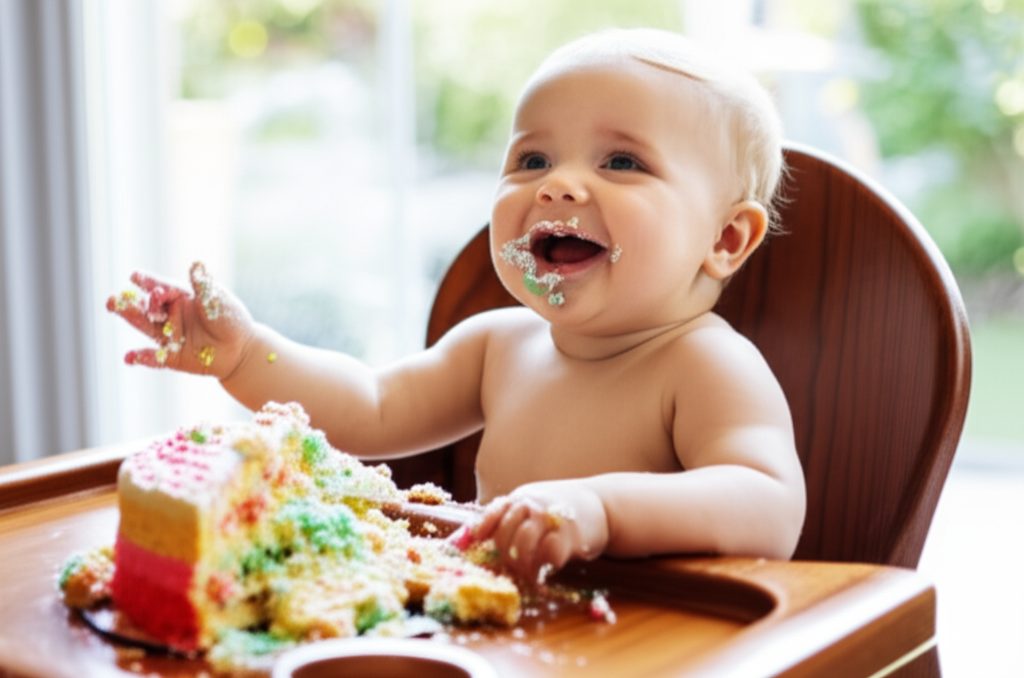 A baby covered in cake frosting in a high chair, smiling, with a messy smash cake in front of them
