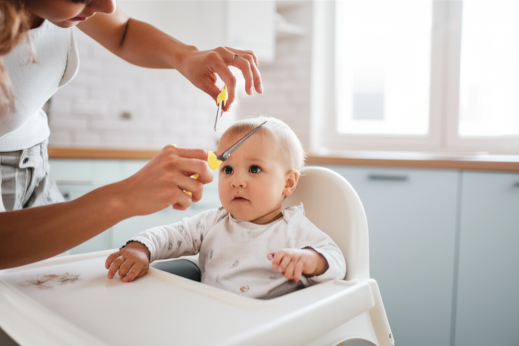 Parent carefully trimming baby's hair at home with small scissors while baby sits in a high chair
