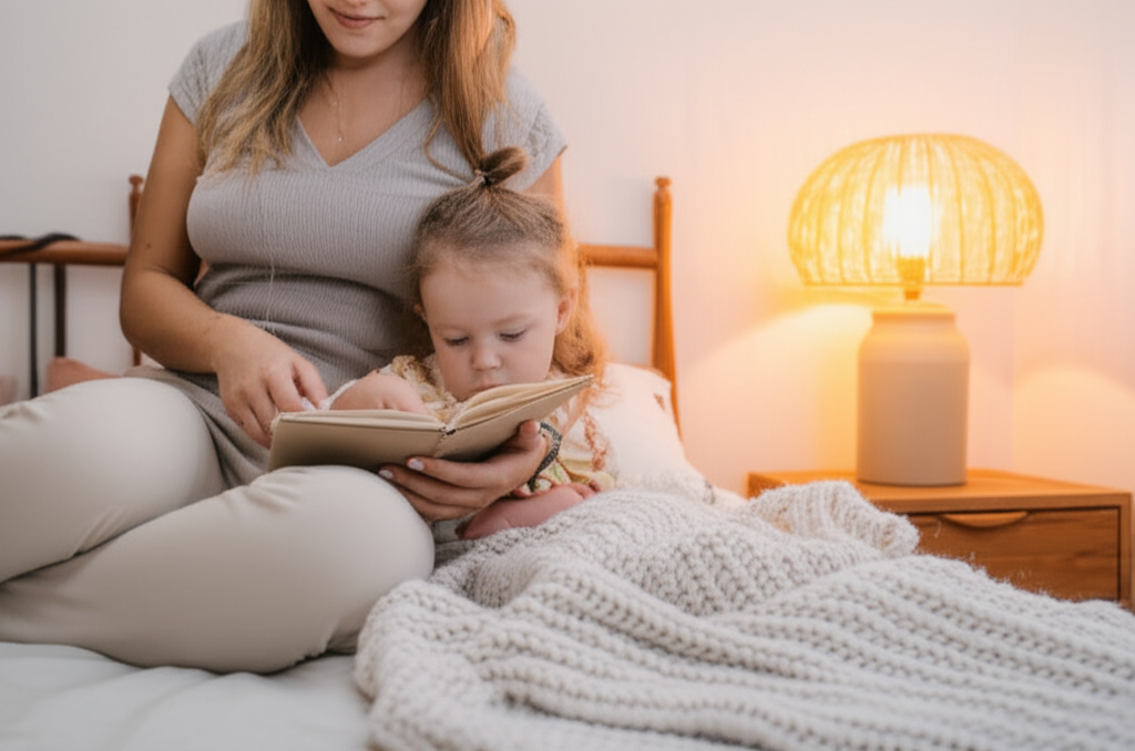 A parent and toddler reading together at bedtime under warm golden lamp light