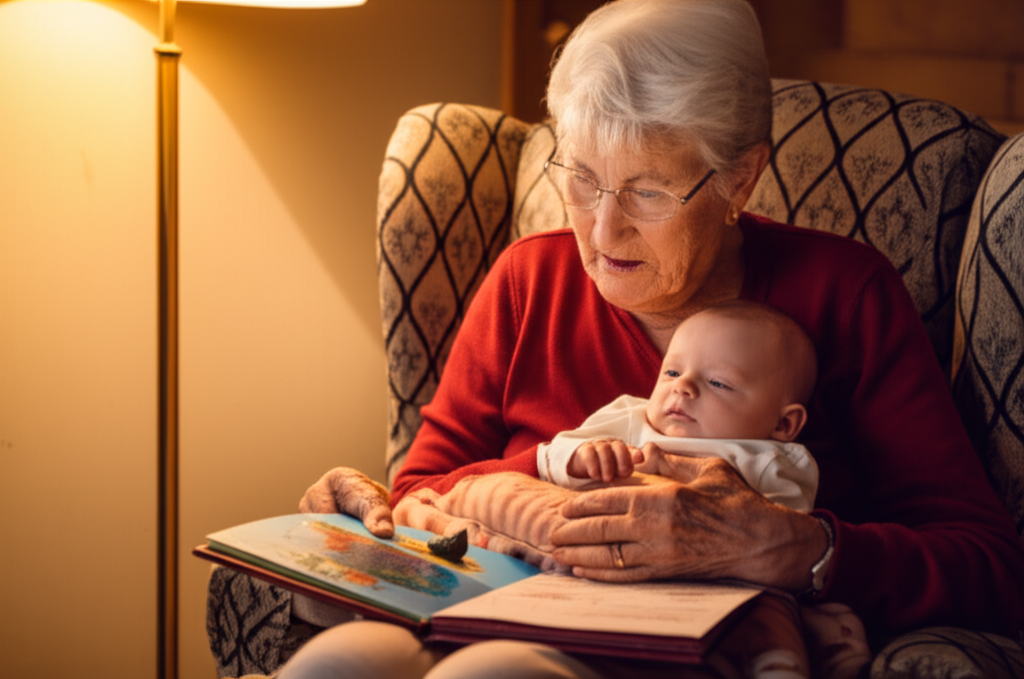 Grandparent reading a bedtime story to a baby