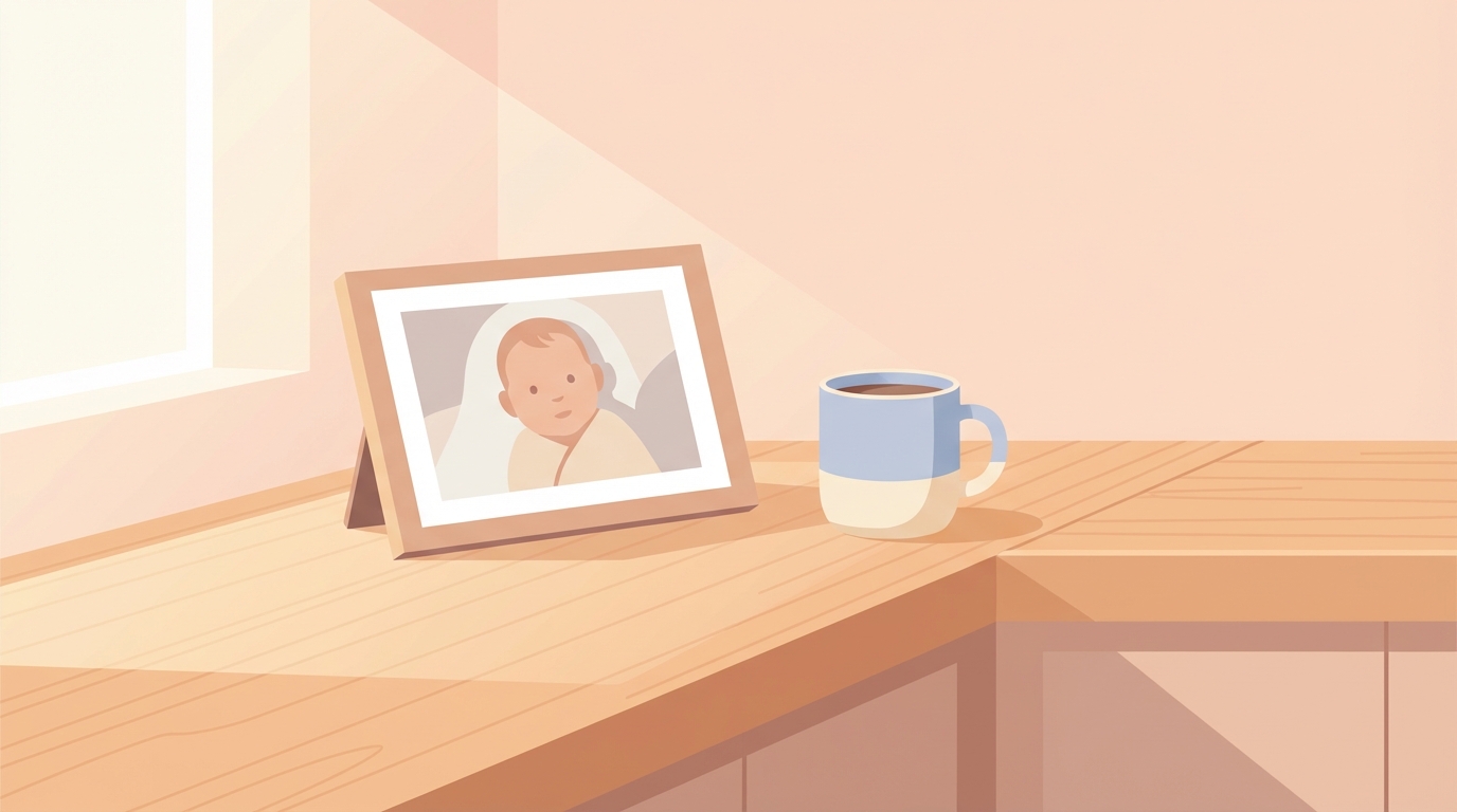 A digital picture frame showing a baby photo on a kitchen counter next to a coffee mug in warm morning light