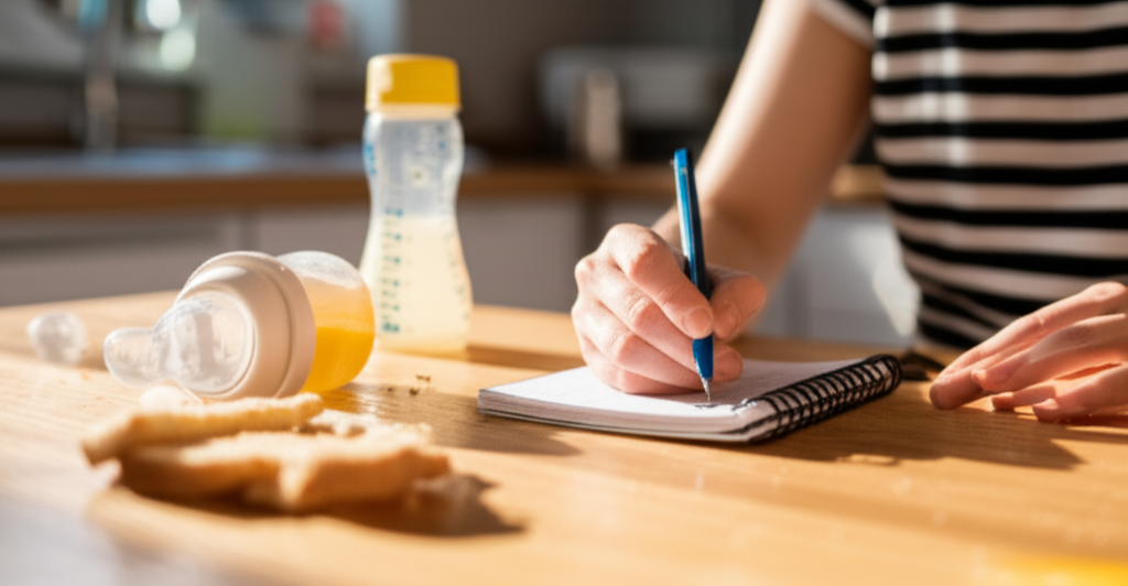 A parent writing in a small notebook at a messy kitchen table with a baby bottle and half-eaten toast nearby