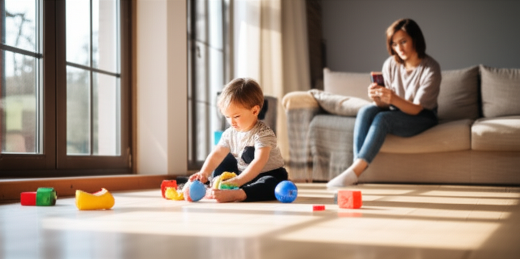 A toddler playing with colorful toys on the floor while a parent watches from the couch