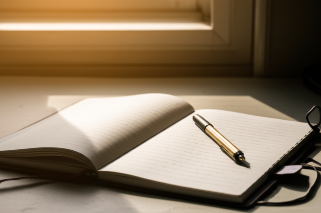 An open notebook with a pen resting on the page, warm window light