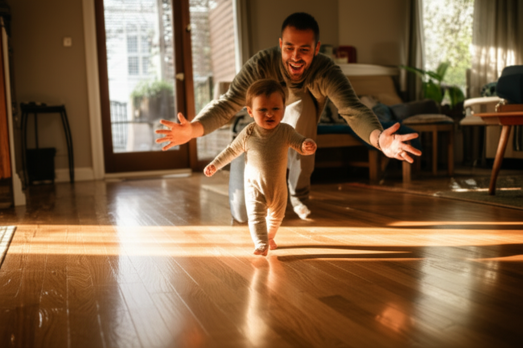 A toddler taking their first wobbly steps on a hardwood floor with a parent kneeling nearby, arms outstretched, in warm golden hour light