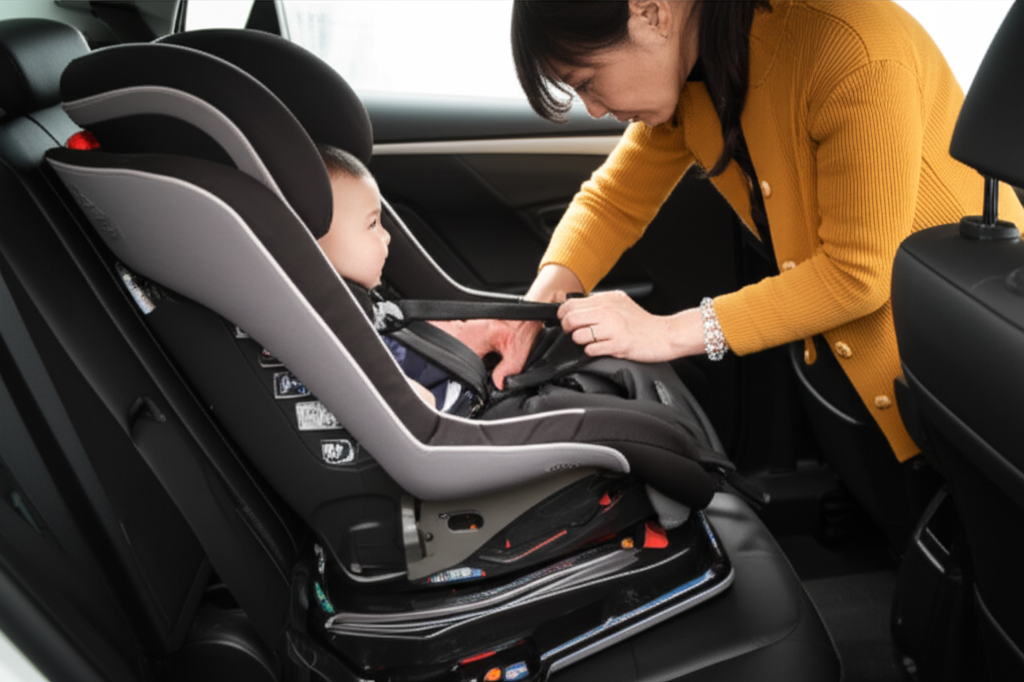A parent adjusting a rear-facing infant car seat in the back of a car, checking the harness tightness