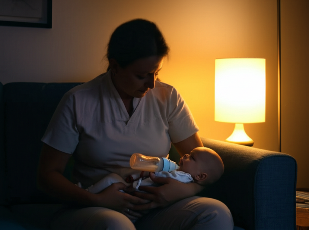 A tired parent bottle-feeding a baby on a couch at night with a soft lamp on