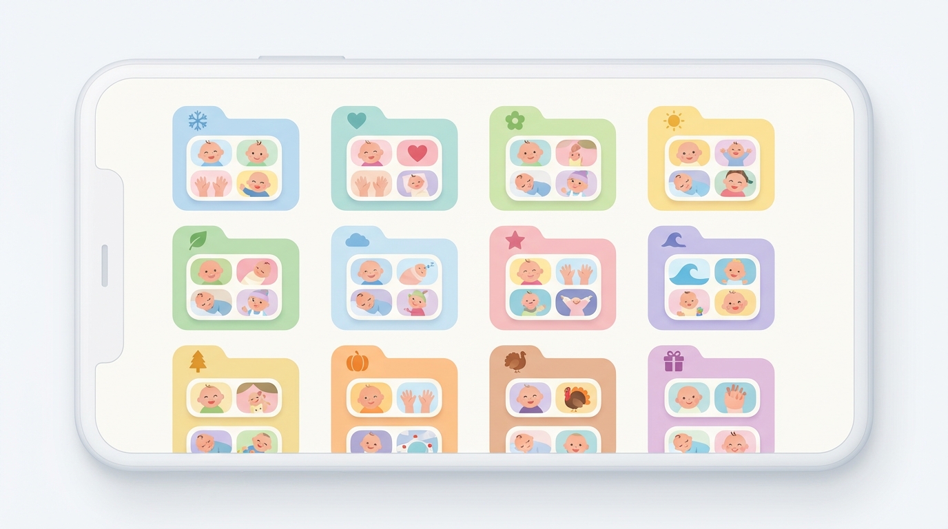 Phone screen showing neatly organized baby photo albums by month