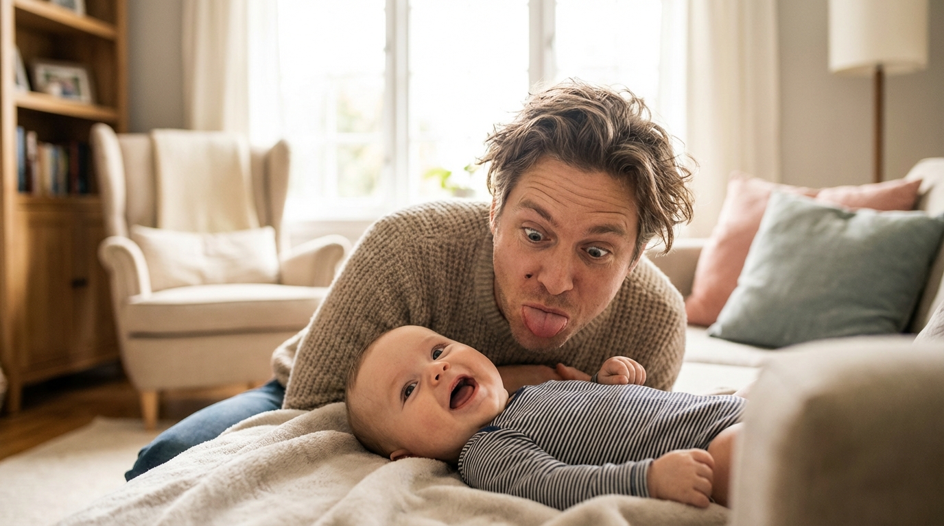 Parent making funny face at baby