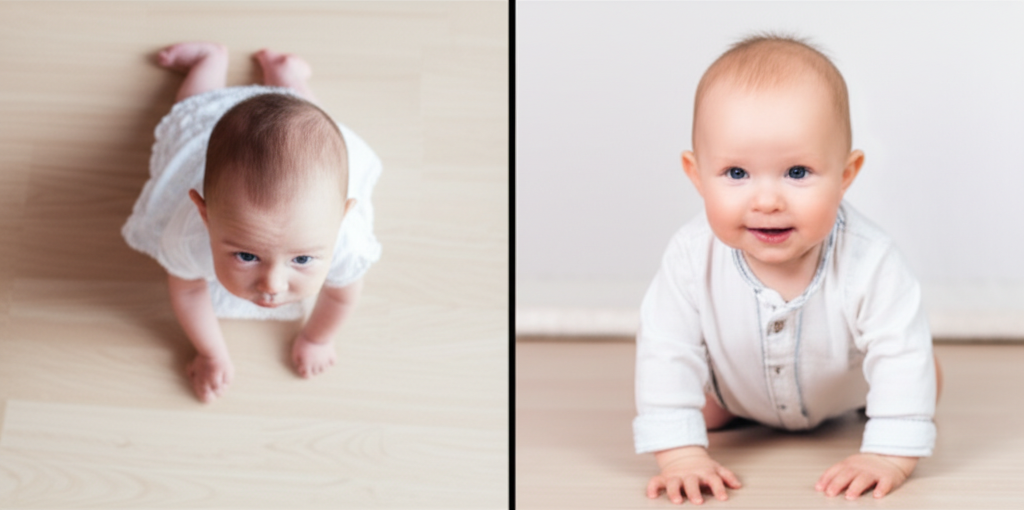 Side-by-side comparison: a baby photographed from above versus from floor level, showing the dramatic difference in perspective