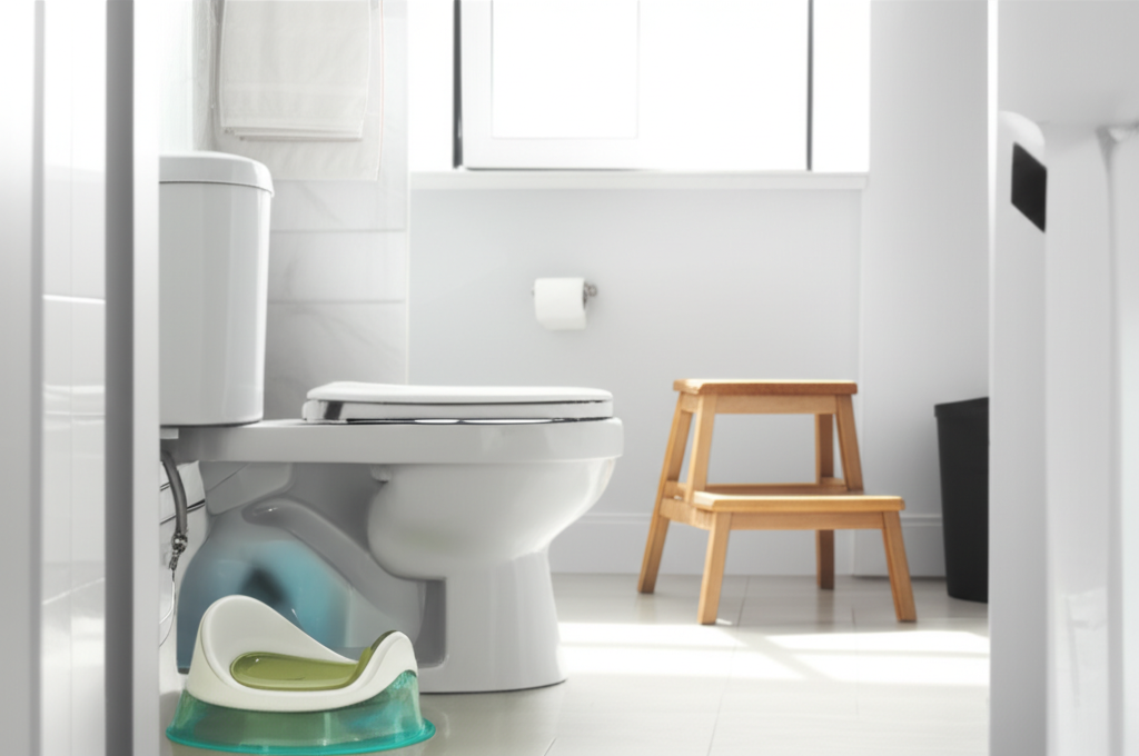 A small colorful potty seat next to a regular toilet in a bright bathroom with a step stool