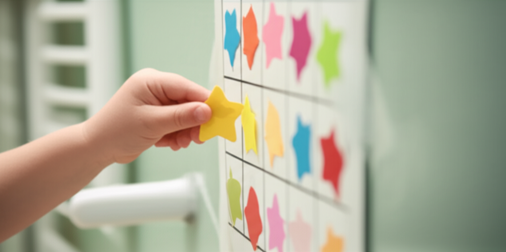A toddler's hand reaching for a colorful reward sticker chart on a bathroom wall
