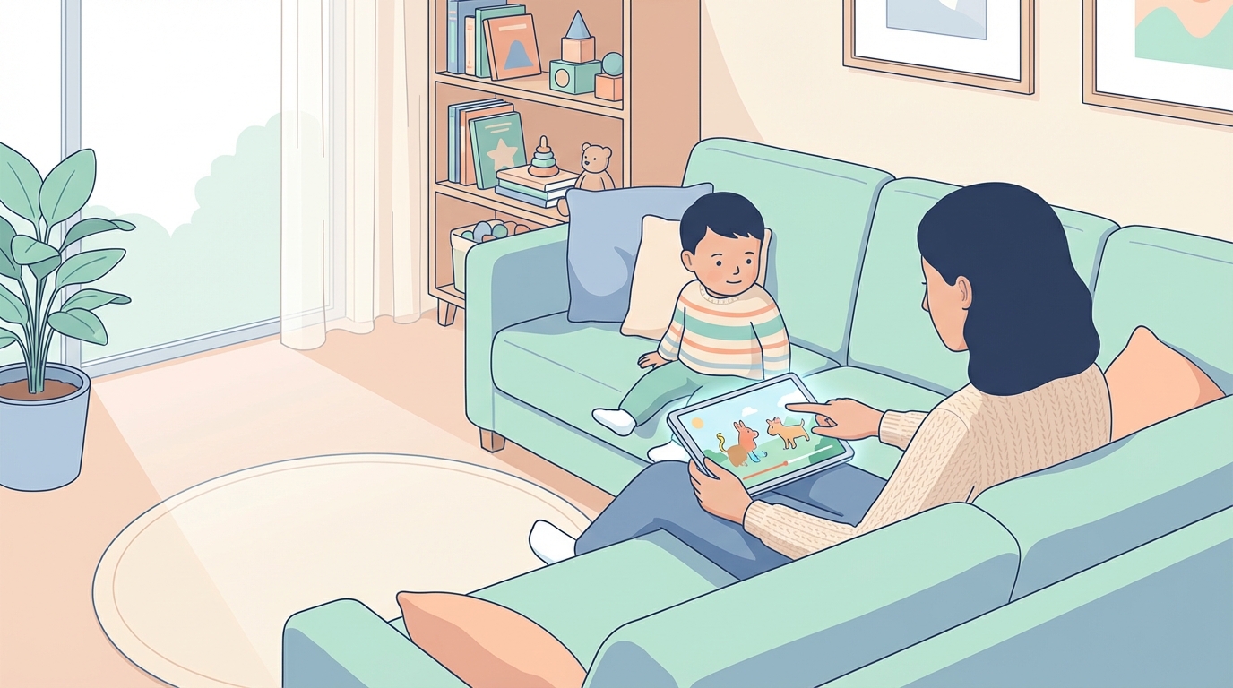 A parent and toddler sitting together on a couch, watching a tablet screen side by side