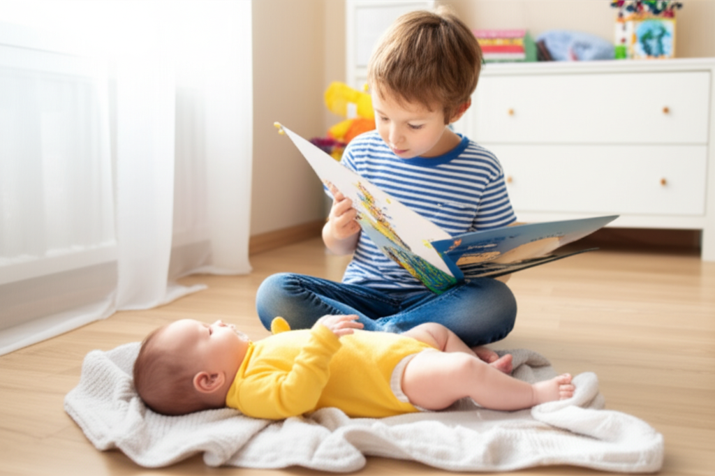 An older child sitting cross-legged on a bedroom floor, proudly reading a picture book to a baby lying on a blanket