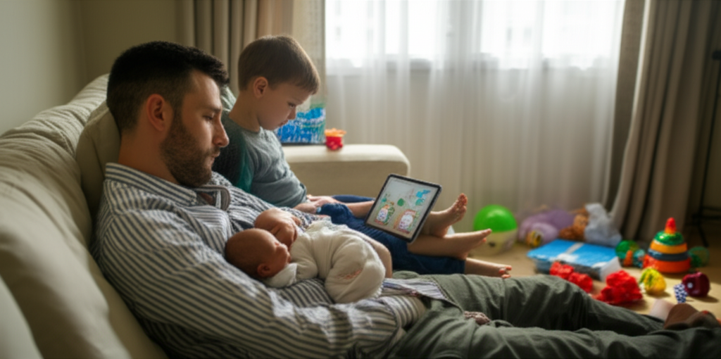 A tired parent on the couch with a newborn on their chest and a toddler watching a tablet, toys scattered everywhere