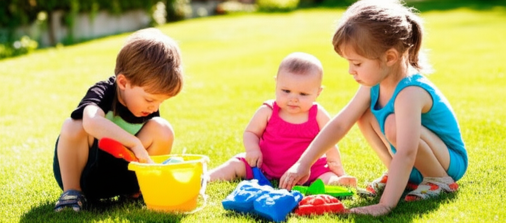 Young siblings playing together with sand toys on a sunny backyard lawn
