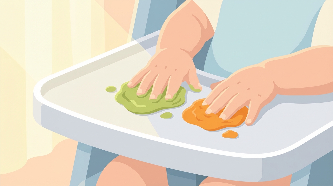 Close-up of a baby's hands squishing colorful pureed food on a high chair tray