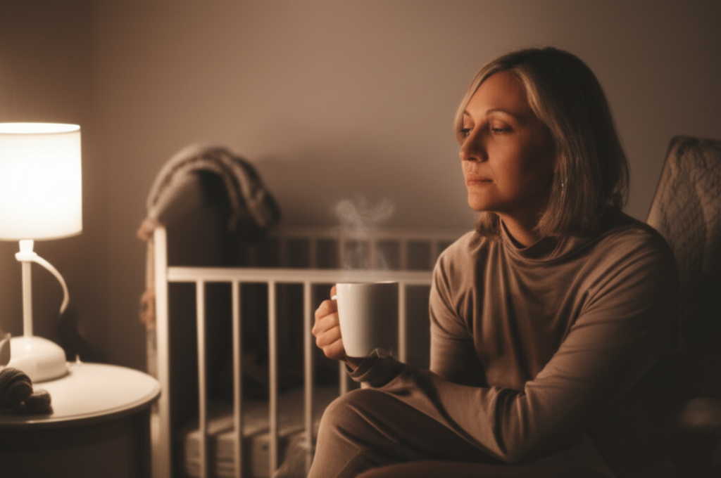 Tired parent with coffee next to baby crib at night