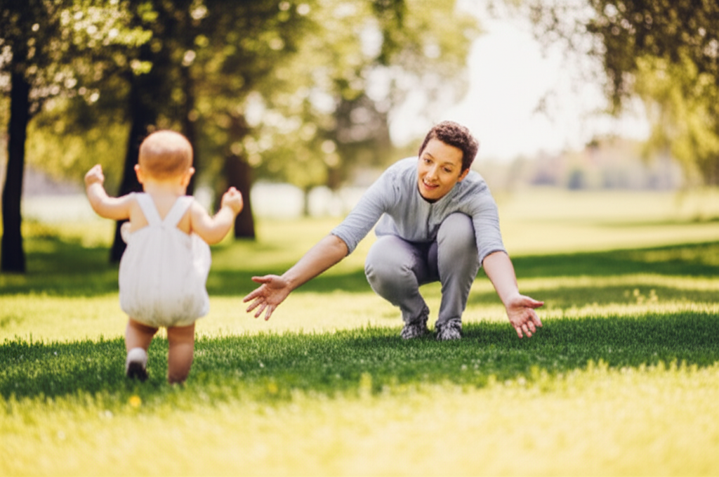Parent watching a toddler take wobbly first steps on a grassy lawn