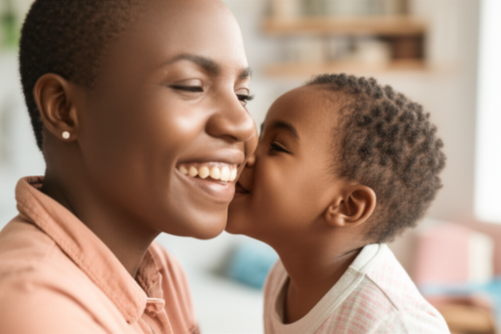 A toddler whispering something funny into their parent's ear, both smiling warmly