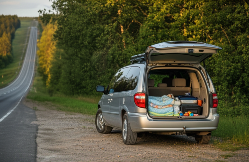 A car loaded with baby gear in the trunk, a car seat visible in the back seat, parked at a scenic rest stop