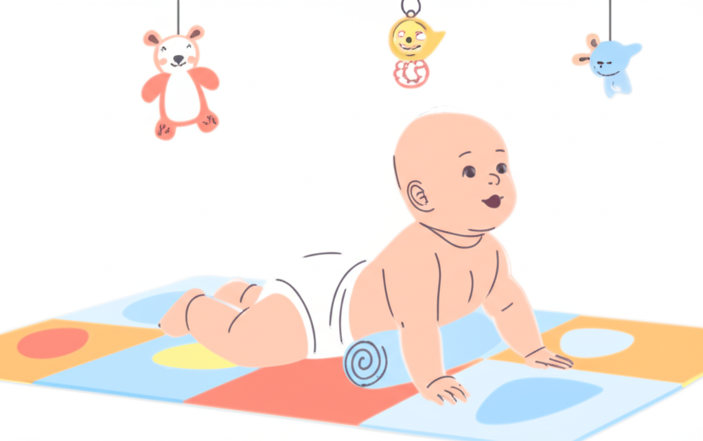 A baby doing tummy time with a rolled towel under their chest for support on a colorful play mat